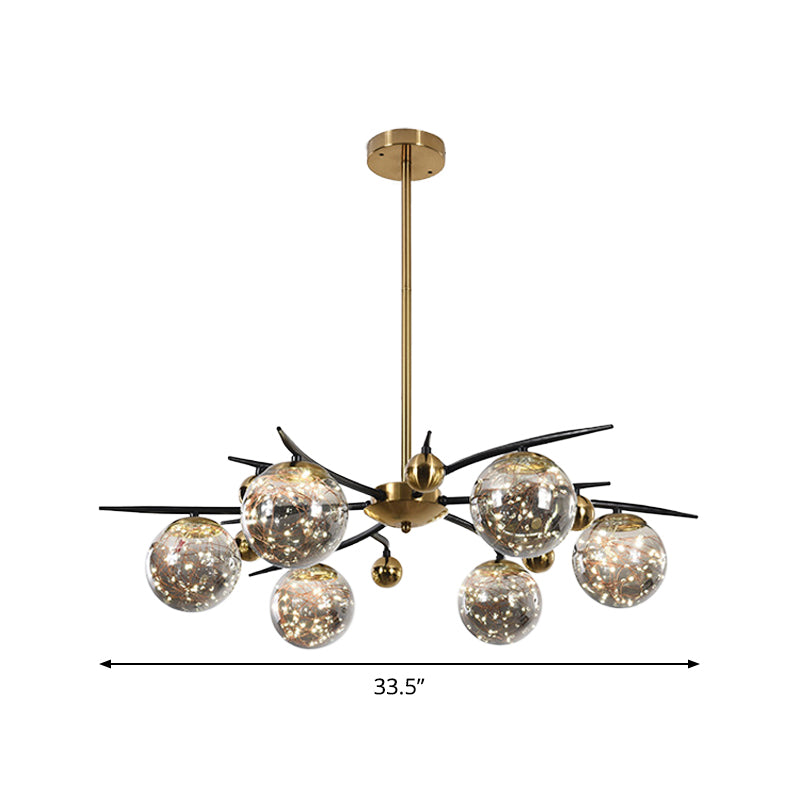 Contemporary Brass Globe Chandelier with Glowworm Design - 4/6 Lights, Smoke Gray Glass - Radial Suspension Lamp