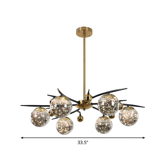 Contemporary Brass Globe Chandelier With Glowworm Design - Smoke Gray Glass 4/6 Lights