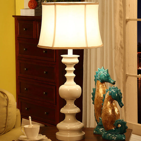 Erika - White Nightstand Lamp with Baluster Base: Traditional Style Drum Shade