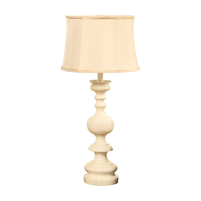 Traditional Style Fabric White Nightstand Lamp With Baluster Base And Drum Shade - 1 Light