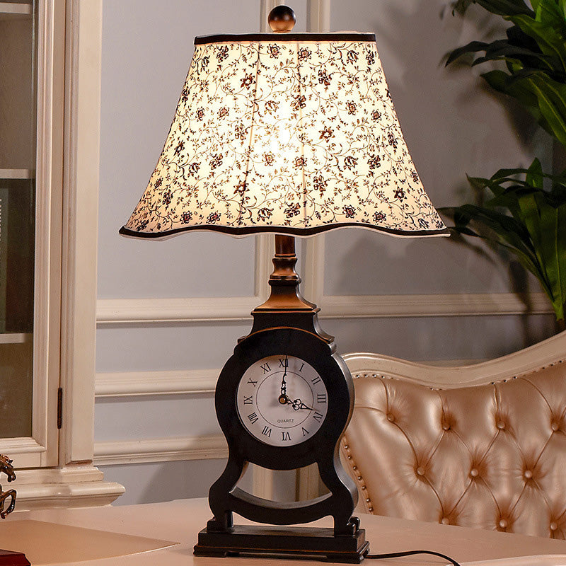 Reagan - Black Black 1-Bulb Desk Lamp Classic Fabric Flared Flower Patterned Table Light with Clock Design