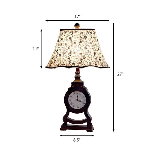 Reagan - Black Black 1-Bulb Desk Lamp Classic Fabric Flared Flower Patterned Table Light with Clock Design