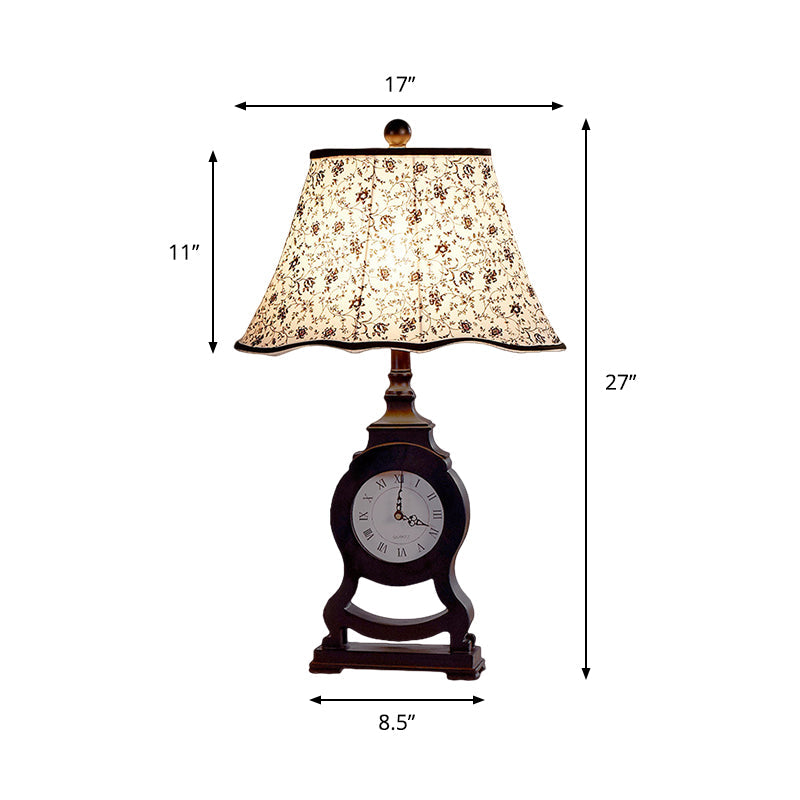 Black Fabric Desk Lamp With Clock Design & Flared Flower Pattern - Classic Table Light