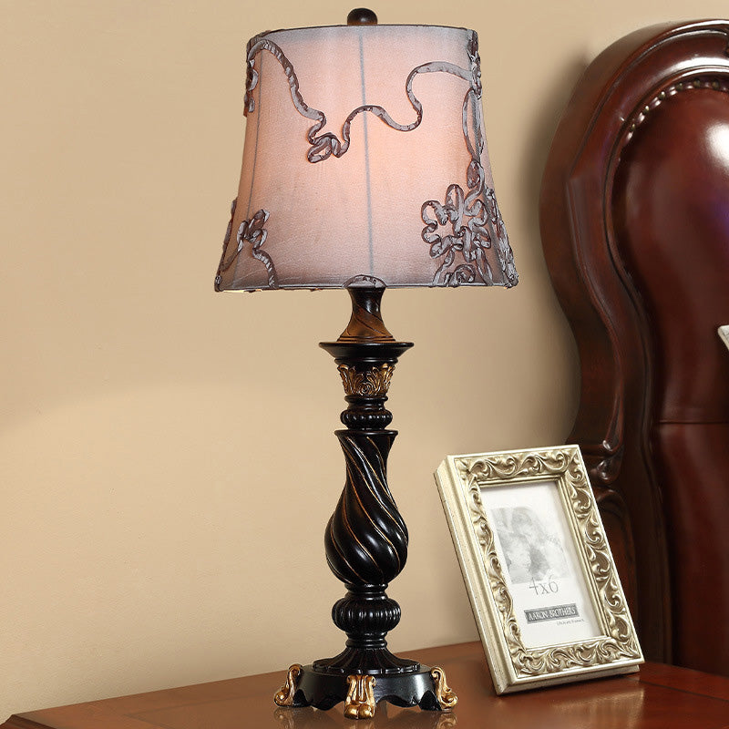 Black Drum Nightstand Lamp With Swirl Fabric Pattern & Blaster Base - Classic Design