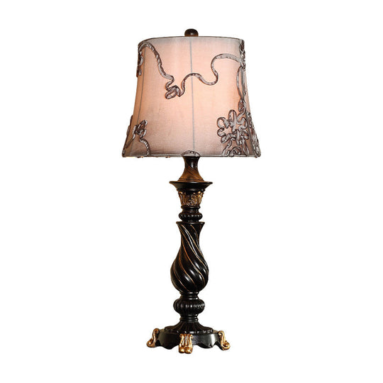 Black Drum Nightstand Lamp With Swirl Fabric Pattern & Blaster Base - Classic Design