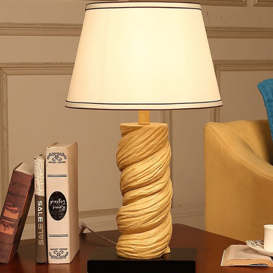 Conic Fabric Night Table Lamp - Traditional 1-Light Bedroom Desk Light In White/Brown With Resin