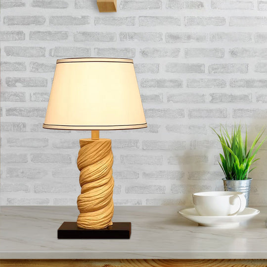 Conic Fabric Night Table Lamp - Traditional 1-Light Bedroom Desk Light In White/Brown With Resin