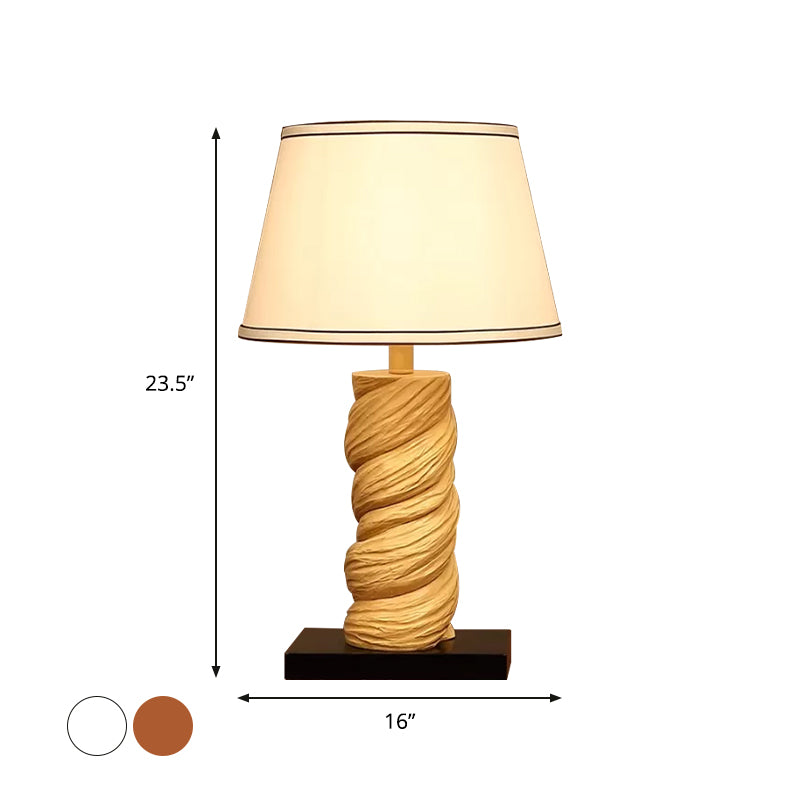 Conic Fabric Night Table Lamp - Traditional 1-Light Bedroom Desk Light In White/Brown With Resin