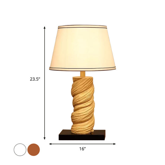 Conic Fabric Night Table Lamp - Traditional 1-Light Bedroom Desk Light In White/Brown With Resin