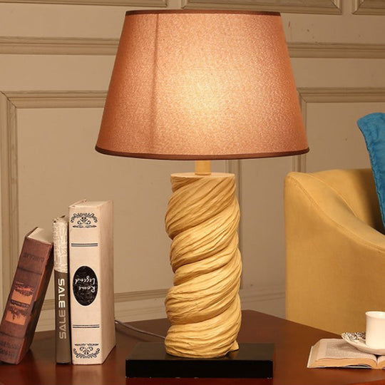 Conic Fabric Night Table Lamp - Traditional 1-Light Bedroom Desk Light In White/Brown With Resin