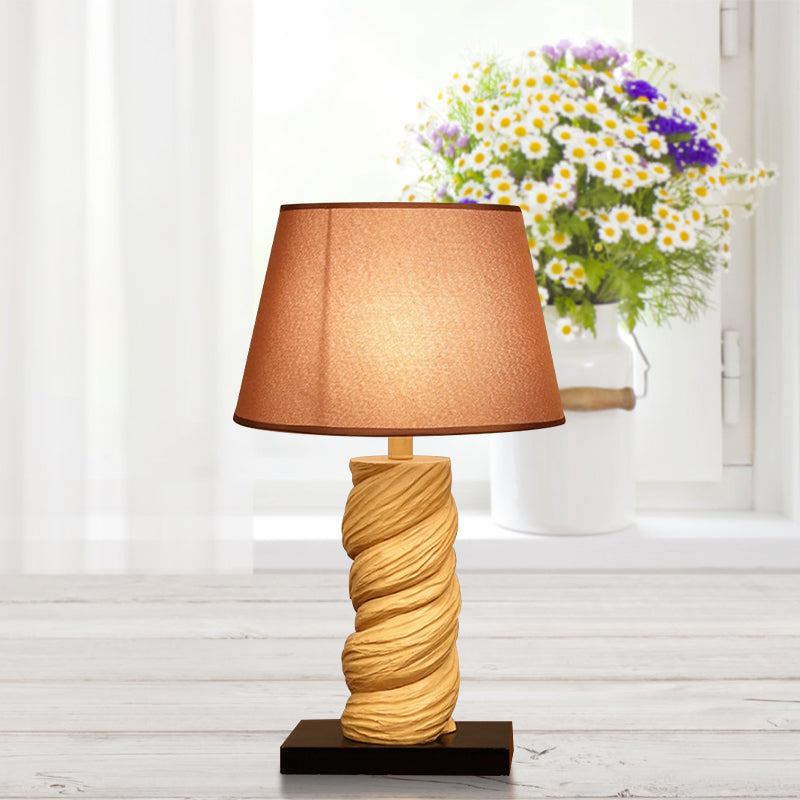 Conic Fabric Night Table Lamp - Traditional 1-Light Bedroom Desk Light In White/Brown With Resin