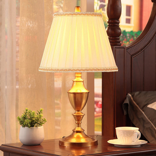 Lucie - Brass Night Table Lamp: Rustic Fabric Pleated Lampshade, Desk Light