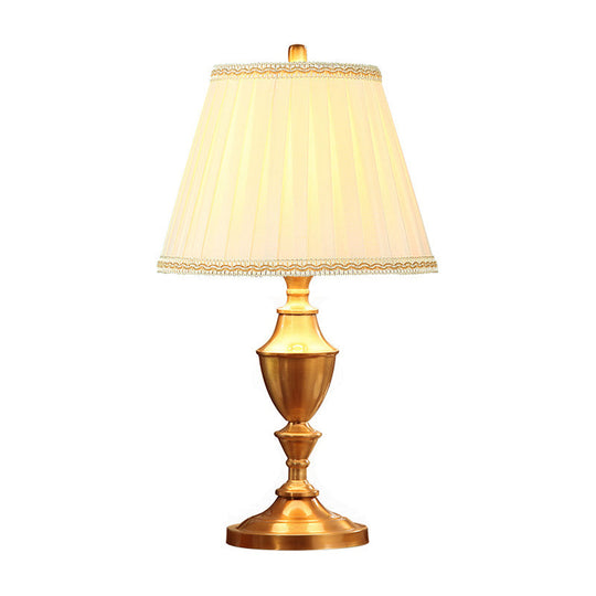 Rustic Brass Night Table Lamp With Fabric Pleated Lampshade And Urn Base - 1 Head Desk Light