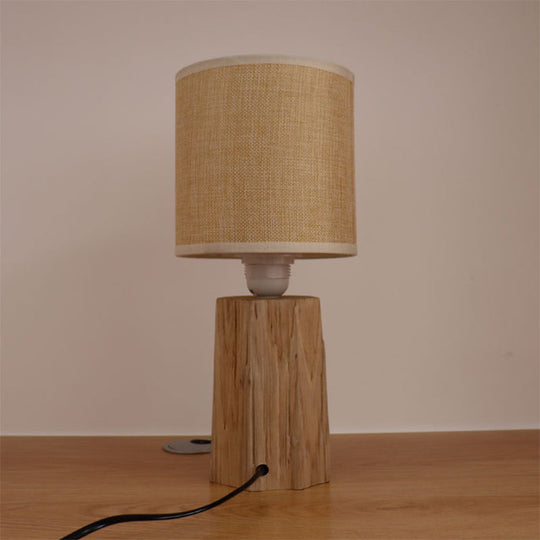 Classic Style Cylinder Fabric Bedroom Night Light With Wood Nightstand