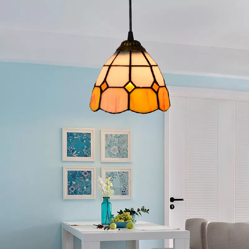 Tiffany-Style Flower Handcrafted Stained Glass Pendant Light in Yellow/Light Blue/Dark Blue