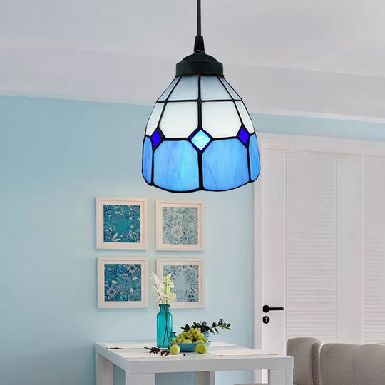 Tiffany-Style Flower Handcrafted Stained Glass Pendant Light in Yellow/Light Blue/Dark Blue