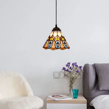 Adjustable Baroque Pendant Light With Vibrant Multi-Color Art Glass Cone Shade Black