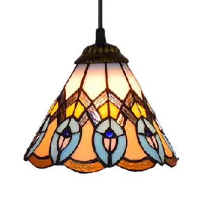 Multi-Color Baroque Style Pendant Light: Adjustable Mini Peacock Tail Design with Art Glass Cone Shade