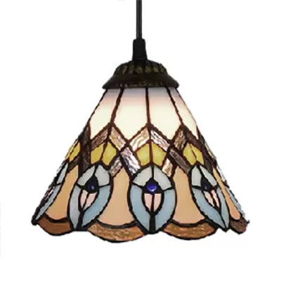 Multi-Color Baroque Style Pendant Light: Adjustable Mini Peacock Tail Design with Art Glass Cone Shade