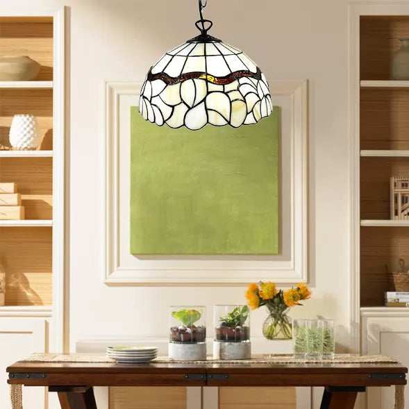 Tiffany Stained Art Glass Hanging Pendant Light - Beige Bowl Design For Dining Room