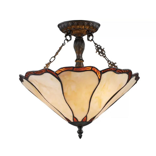 Tiffany Style Stained Glass Led Ceiling Light - Semi Flush Mount 2-Light Cone Design 14 W Beige