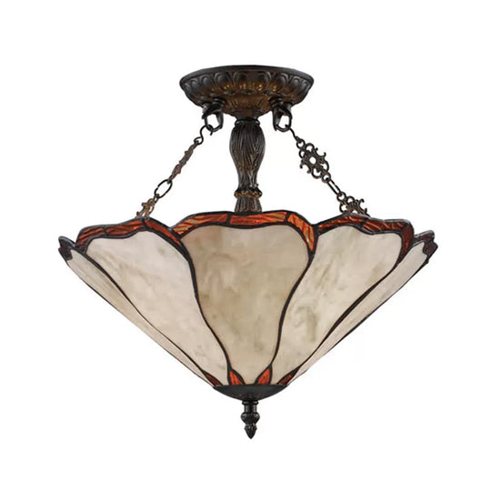 Tiffany Style Stained Glass LED Ceiling Light - 2-Light Cone Semi Flush Mount, 14" W