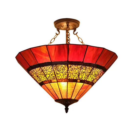 LED Bedroom Ceiling Lighting - Tiffany Style Stained Glass Shade, 3 Lights Copper Semi Flush Light, H8.5" x D18.5