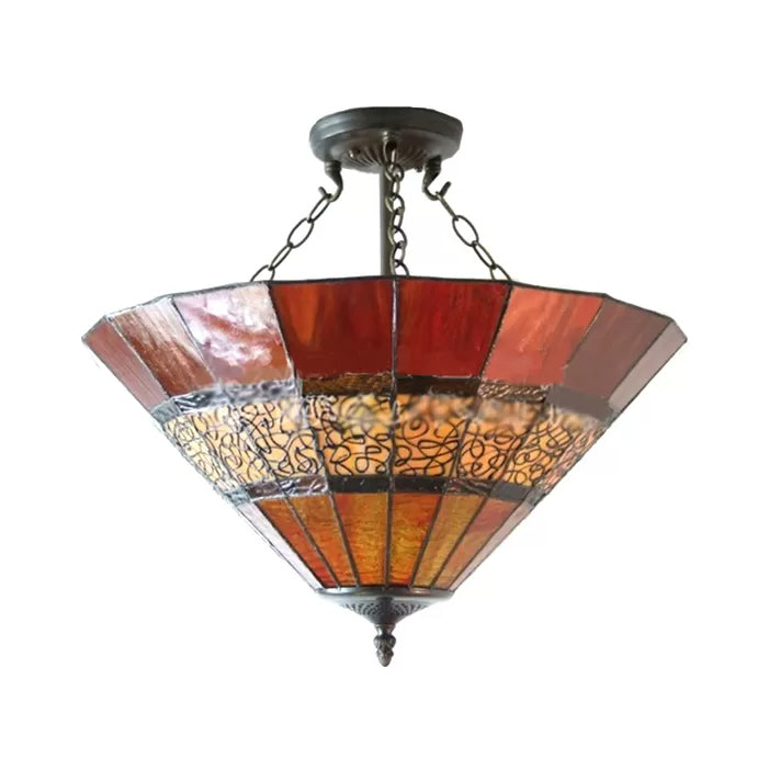 Copper Semi Flush Ceiling Light - 3-Light Umbrella Design With Tiffany-Style Stained Glass Shade Led