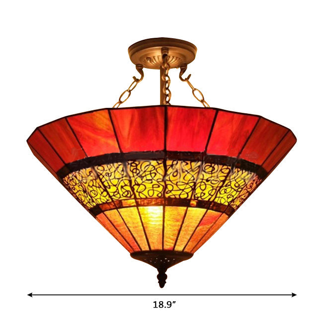 LED Bedroom Ceiling Lighting - Tiffany Style Stained Glass Shade, 3 Lights Copper Semi Flush Light, H8.5" x D18.5