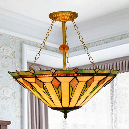 Tiffany Semi Flush Mount Ceiling Light with Stained Glass Shade - 3 Lights for Living Room (23.5" H x 19.5" D)