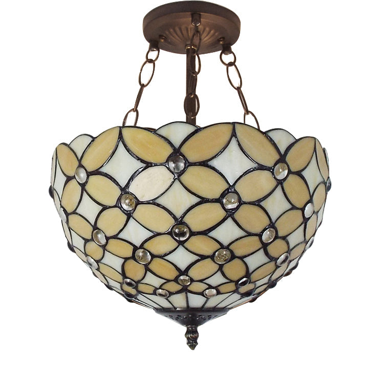 Bronze Tiffany Style 3-Light Ceiling Fixture - Semi Flush Mount for Bedroom with Chain and Rod, H8" x D12