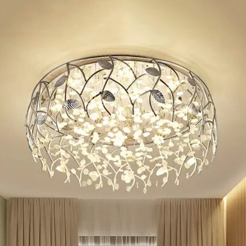 Romantic Chrome Flush Mount Light with Leaf & Crystal Bead Ceiling Fixture for Bedroom