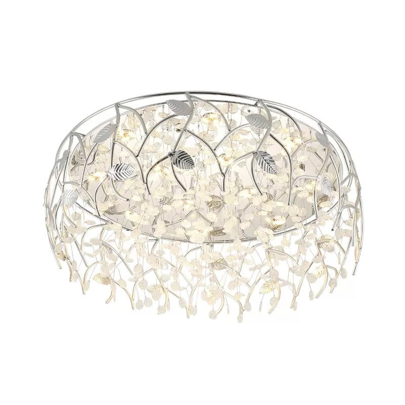 Romantic Chrome Flush Mount Light with Leaf & Crystal Bead Ceiling Fixture for Bedroom