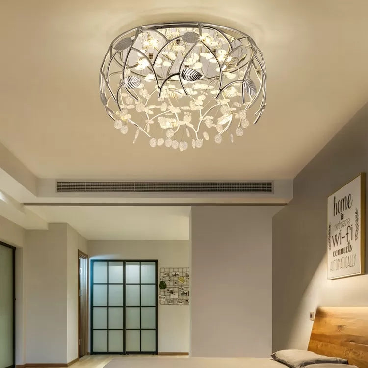 Romantic Chrome Flush Mount Light with Leaf & Crystal Bead Ceiling Fixture for Bedroom