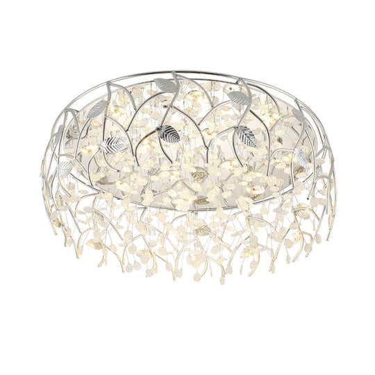 Romantic Chrome Flush Mount Light with Leaf & Crystal Bead Ceiling Fixture for Bedroom