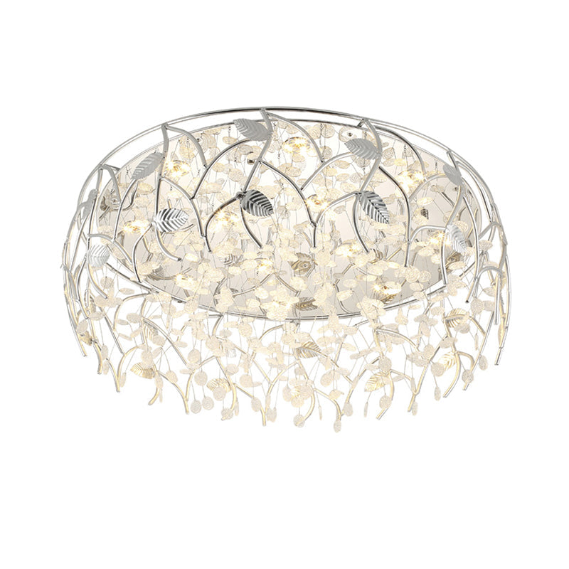 Romantic Chrome Flush Mount Light With Leaf & Crystal Bead Ceiling Fixture For Bedroom White