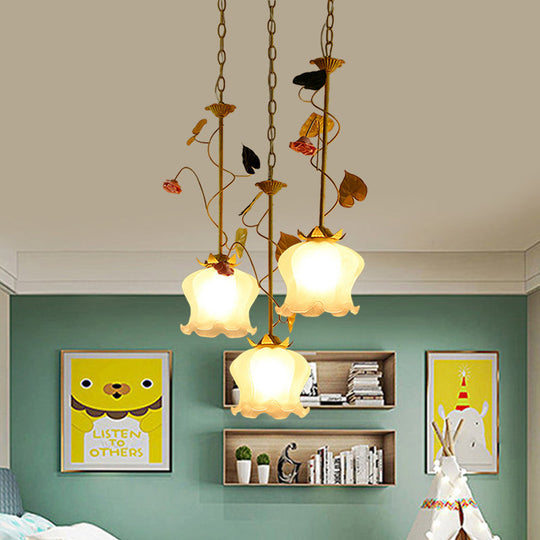 Pastoral Frosted Glass Pendant Light Cluster With Green 3 Downward Lights Lettuce Edge And