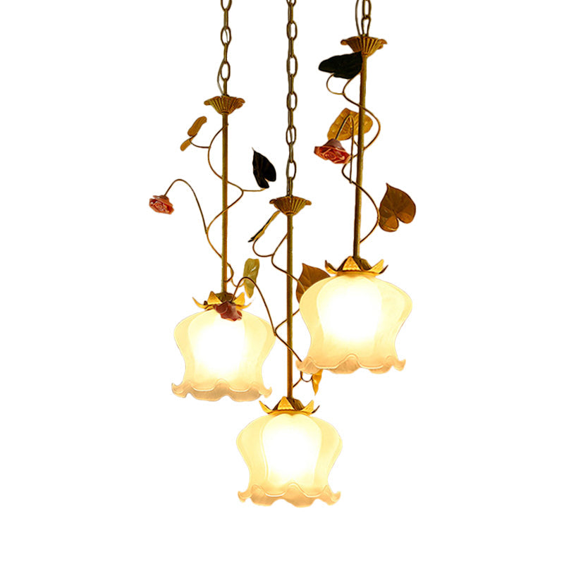 Pastoral Frosted Glass Pendant Light Cluster With Green 3 Downward Lights Lettuce Edge And