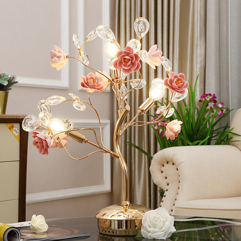 Modern Crystal Night Light Table Lamp In Pink With Branching Floral Design And 3 Bulbs