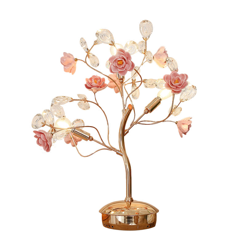 Modern Crystal Night Light Table Lamp In Pink With Branching Floral Design And 3 Bulbs