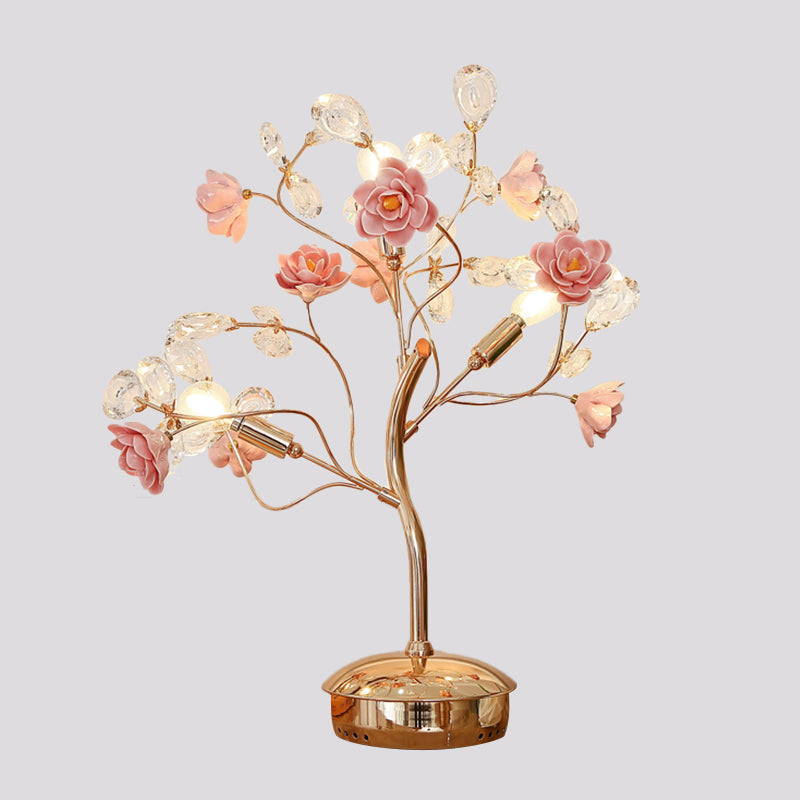 Modern Crystal Night Light Table Lamp In Pink With Branching Floral Design And 3 Bulbs