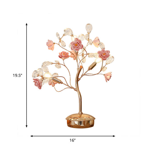 Modern Crystal Night Light Table Lamp In Pink With Branching Floral Design And 3 Bulbs