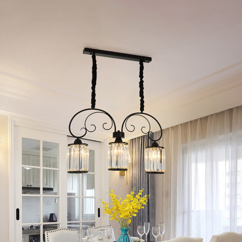 Modern Island Light - 3 Head Black Pendant With Clear Crystal Blocks And Scrolling Arm