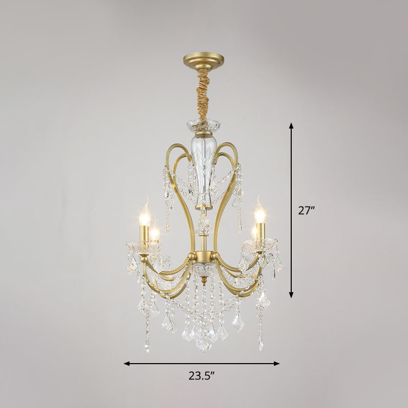 Rustic Gold Crystal Candlestick Chandelier - 4/6 Heads Bedroom Suspension Light