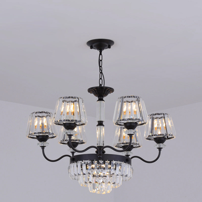 Modern K9 Crystal Ceiling Light - 9-Head Tapered Chandelier In Elegant Black Shade