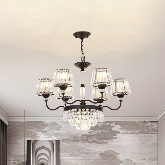 Modern K9 Crystal Ceiling Light - 9-Head Tapered Chandelier In Elegant Black Shade