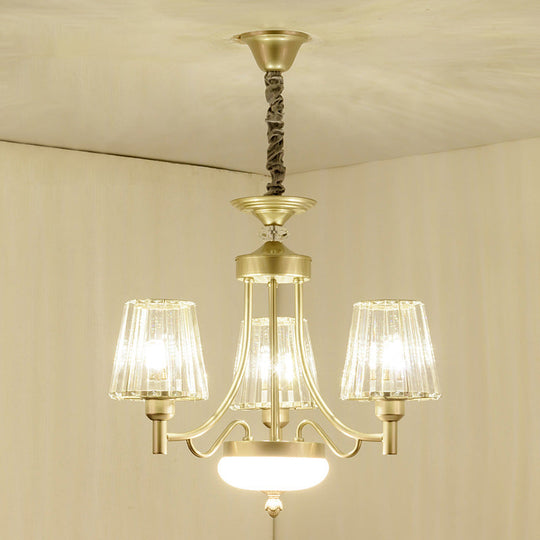 Gold Minimalist Cone Pendant Light with Clear Crystal Blocks - 3/6 Bulbs - Perfect for Bedroom