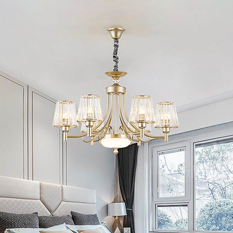 Gold Minimalist Cone Pendant Light with Clear Crystal Blocks - 3/6 Bulbs - Perfect for Bedroom