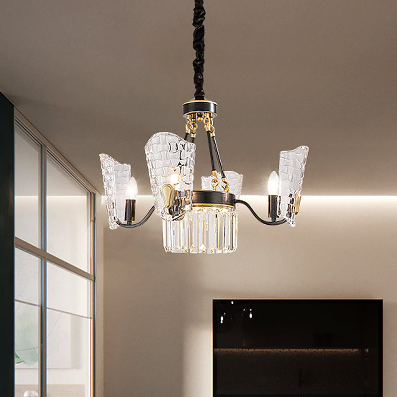 Modern Clear Crystal Glass Kitchen Chandelier with Shield Design - 4/6 Bulb Suspension Pendant in Black