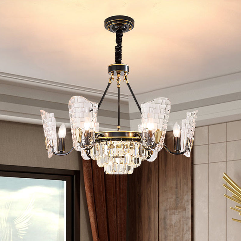 Modern Clear Crystal Glass Kitchen Chandelier with Shield Design - 4/6 Bulb Suspension Pendant in Black